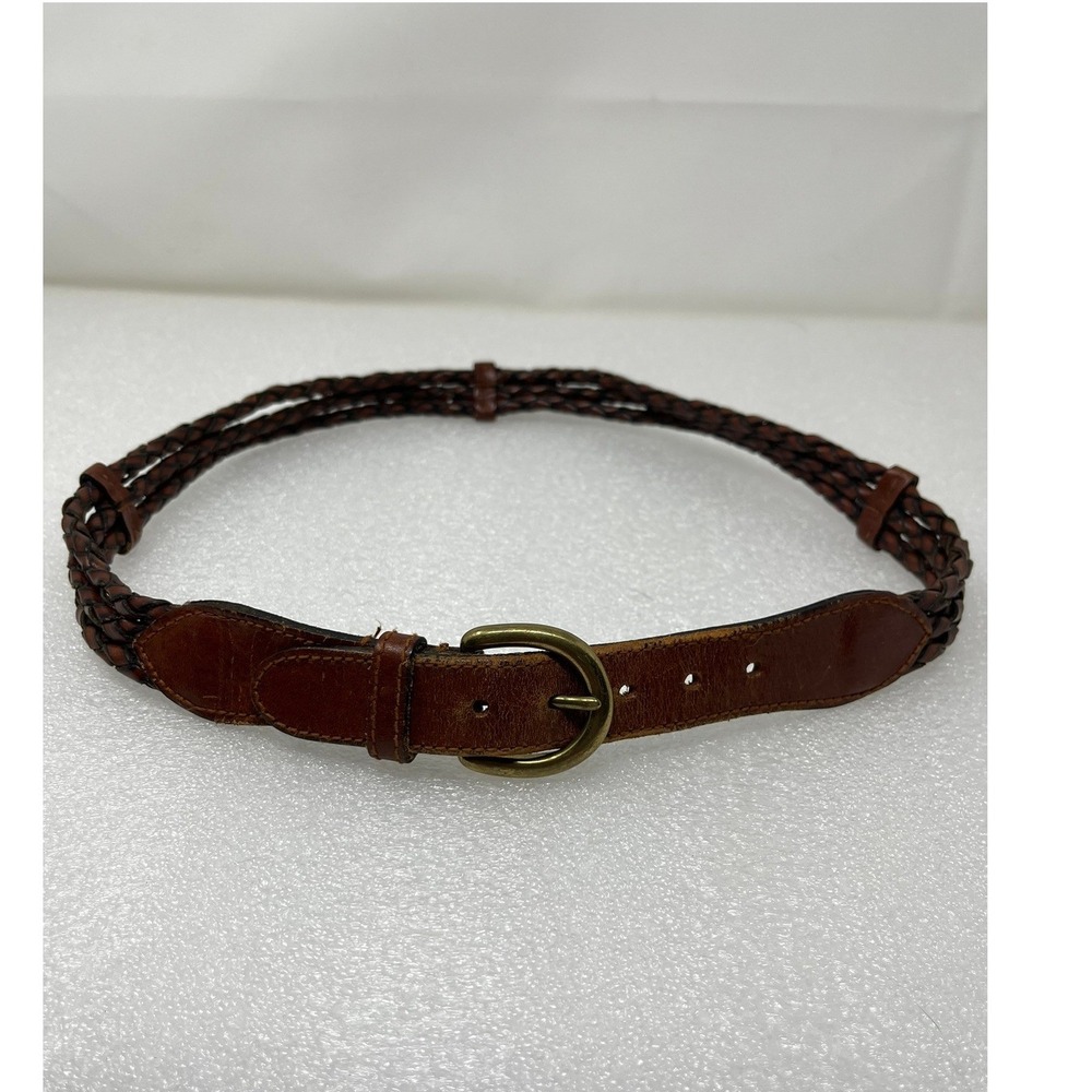Talbots Womens M Brown Leather Braided Belt Solid Brass Buckle